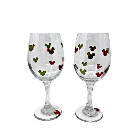Vintage Made in USA Disney Mickey Mouse Wine Glasses Set of 2 20oz Red Green - Picture 1 of 10